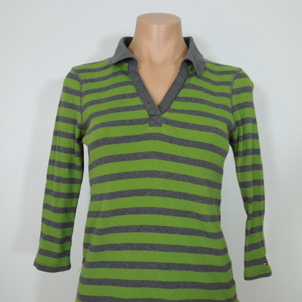TOMMY HILFIGER Knit Top M MEDIUM V-Neck Striped 3/4 Sleeves